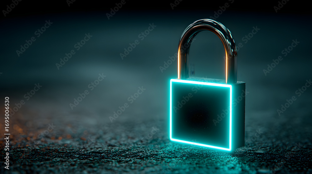 Fototapeta premium A glowing turquoise padlock on a dark surface, symboizing data security and cyer protection ideal for us in cybersecurity themes ad online privacy,