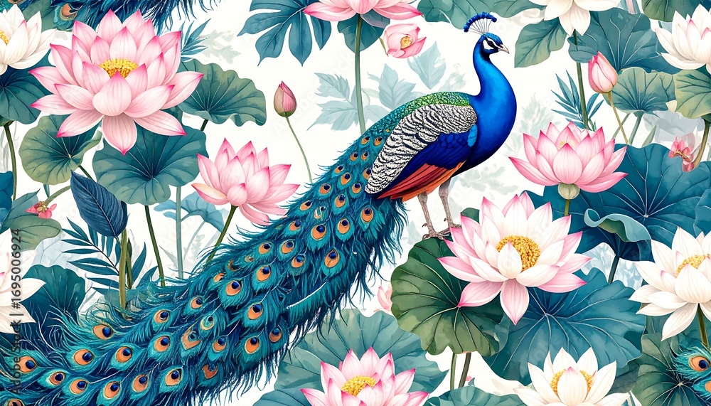 Peacock and lotus flower pattern