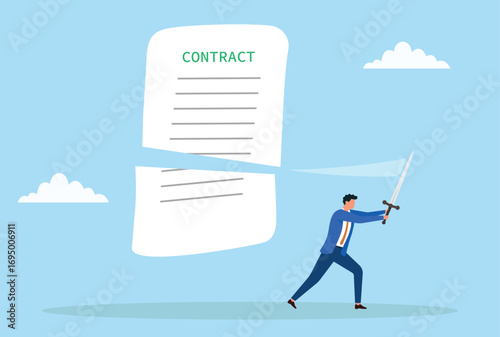 Vector illustration of a businessman cutting a contract paper with a sword, symbolizing breaking agreements, ending deals, and taking bold decisions in business
