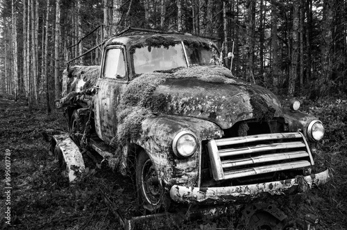 Old Truck In The Forest, In Black And White