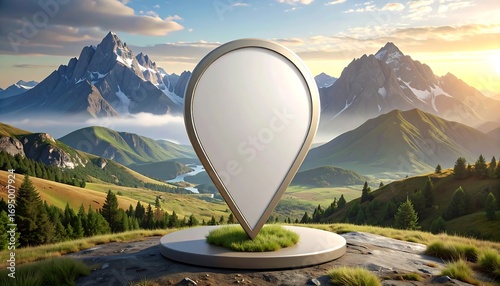 Blank map marker atop a pedestal in a scenic mountain landscape