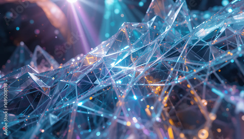Abstract network of interconnected crystalline structures glows with vibrant blue and purple light, creating a futuristic and technological atmosphere.