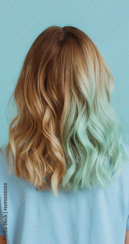 Naklejka premium Woman's back view, light-brown/mint-green ombre hair