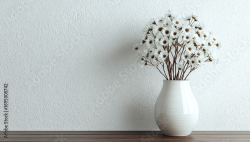 A white vase filled with tiny white flowers sits on a wooden surface against a textured white wall