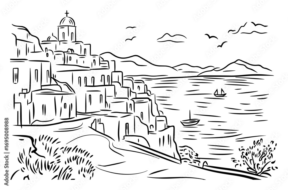Obraz premium Cycladic Seaside Village Vector Panorama – Terraced White Houses Cascading Toward Aegean