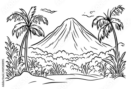 Tropical Volcano Vector Illustration – Palm‑Framed Smoking Peak in Jungle Landscape