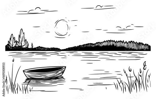 Serene Lakeside Scene Vector Illustration – Rowboat and Reeds on Calm Water Under Shining Sun