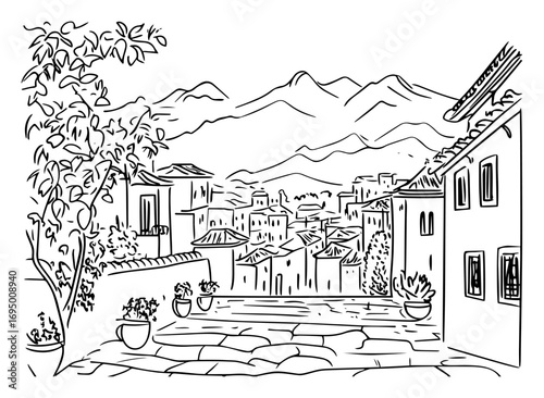 Mediterranean Hill‑Town Balcony View Vector Illustration – Tiled Roofs, Potted Plants and Distant Mountains
