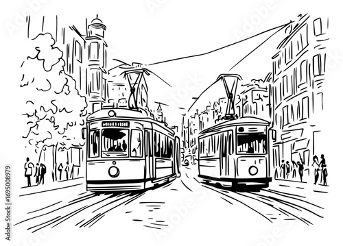Historic Streetcar Avenue Vector Illustration – Twin Trams in European Cityscape