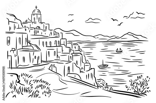 Cycladic Seaside Village Vector Panorama – Terraced White Houses Cascading Toward Aegean
