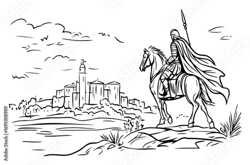 Medieval Horseman Vector Scene – Armoured Knight on Horse Overlooking Castle City