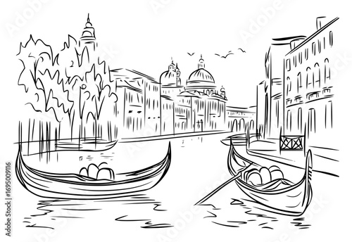 Grand Canal Gondolas Vector Scene – Elegant Venice Waterway with Historic Palazzi