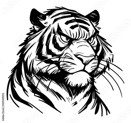 Majestic Tiger Head Vector Portrait – Expressive Ink Lines Showcasing Wild Feline Power