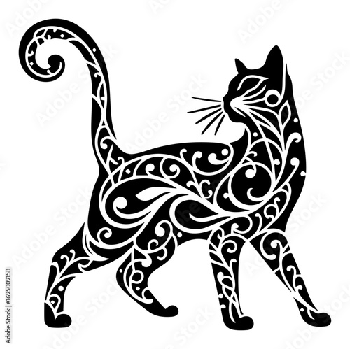 Wallpaper Mural Decorative Cat Swirl Vector Silhouette – Ornate Tribal Feline with Elegant Curves Torontodigital.ca