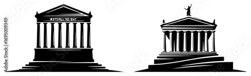 Classical Greek Temple Silhouette Vector Icons – Columned Parthenon and Victory Monument