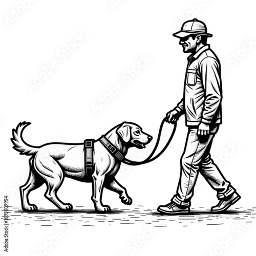 A black and white illustration of a man training a guide dog on a leash, demonstrating camaraderie and activity 
