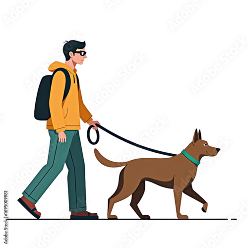 Stylized illustration of a blind man walking with a brown guide dog, embodying an active and everyday lifestyle 