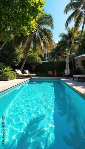 Crystal-clear blue water sparkles in a sun-drenched swimming pool  perfect for a hot summer day The inviting pool is surrounded by lush greenery  creating a tranquil oasis   holiday  heat