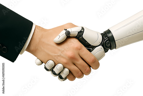 Human hand shaking robotic hand in partnership isolated on a transparent background