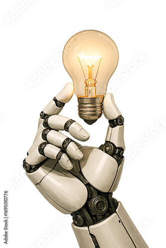 Robot hand holding a glowing light bulb on white background idea isolated on a transparent background
