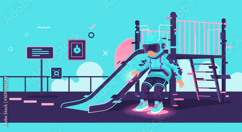 A child in virtual reality headset plays on a slide in a futuristic playground illustration