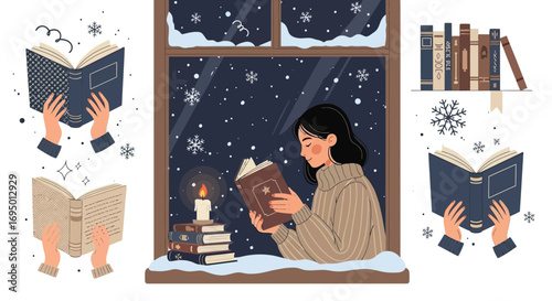 A cozy winter scene: Woman reading a book by the window with falling snow, enjoying peaceful time