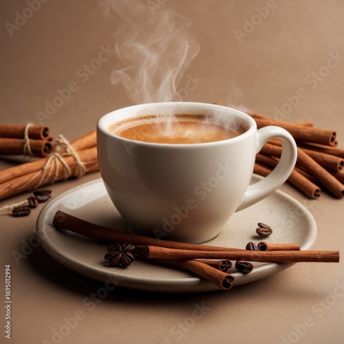 Hot coffee with cinnamon sticks, cozy winter studio photo.