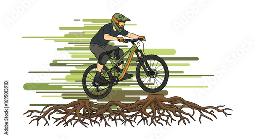 Illustration of a mountain biker in action jumping over a tree root obstacle
