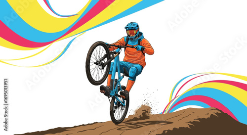 Illustration of a Mountain Biker Performing a Stunt Against a Colorful Abstract Background