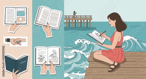 A girl drawing by the sea and other people reading, educational and vacation theme illustration