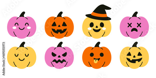 Vector cute halloween pumpkin collection with various faces. Funny jack o lantern clipart set for festive autumn design. Creepy and spooky pumpkins.