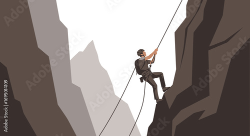 Illustration of a mountain climber descending a sheer cliff using ropes for sport