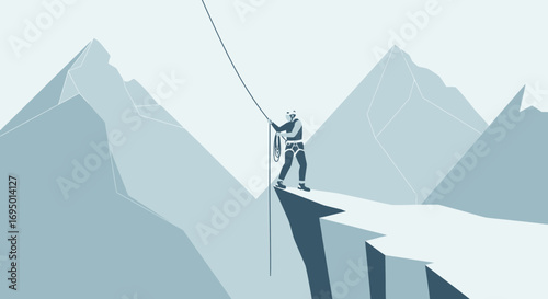Illustration of a mountain climber on a cliff, reaching for the peak, and adventure
