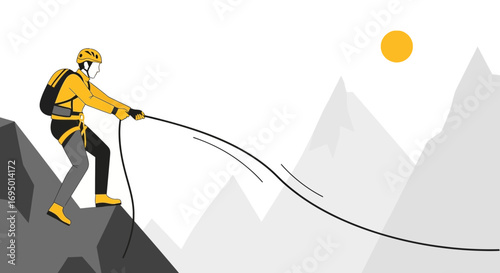 Illustration of a mountaineer climbing a mountain in a simple and modern design