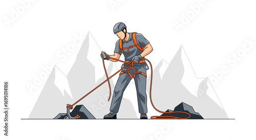 Illustration of a Mountain Climber Using Ropes and Gear on a White Background