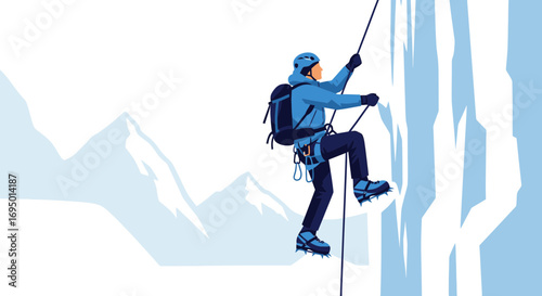 Illustration of a mountaineer ascending a mountain with safety equipment, vector graphic