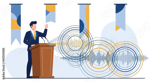 A Leader Delivers a Speech from a Podium with Sound Waves and Decorative Banners behind the Speaker