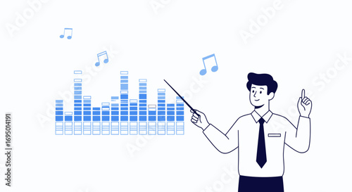 A man presenting audio wave with a pointer teaching music composition concepts and principles