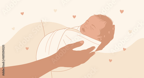 Illustration of a newborn baby being held gently with love and care
