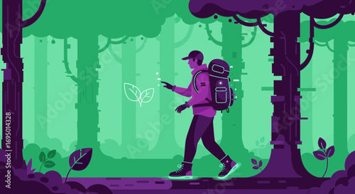 A man with a backpack explores a stylized forest, encountering digital nature elements, showcasing