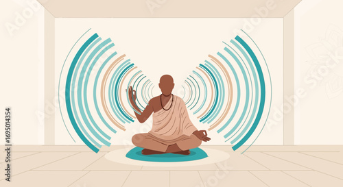 A meditative monk practices yoga to create inner peace and tranquility within a serene spiritual