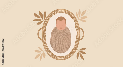 Illustration of a newborn baby in a woven basket with leaf elements