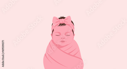 Illustration of a newborn baby girl wrapped in a pink blanket sleeping peacefully