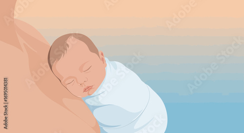 Illustration of a newborn baby sleeping against a parent's chest, vector art