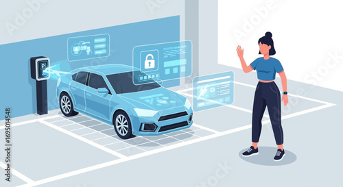 A modern parking system with an electric vehicle and futuristic technologies showcased in the design