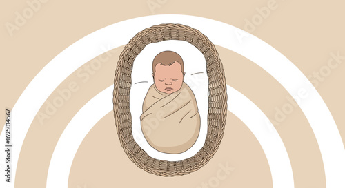 Illustration of a Newborn Baby Sleeping Soundly in a Wicker Basket
