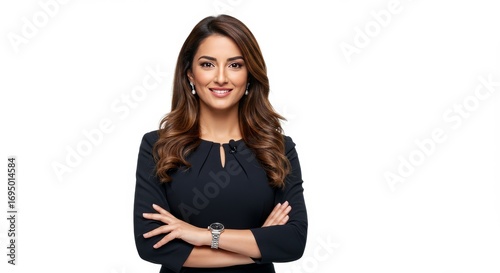 Portrait of an Arabian Female TV News Presenter with Brown Hair, Elegantly Dressed in Formal Attire on a White Background