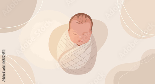 Illustration of a Newborn Baby Swaddled in a Blanket with Abstract Background
