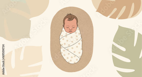 Illustration of a newborn baby swaddled in a blanket with decorative elements
