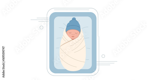 Illustration of a newborn baby swaddled in a crib, concept for childcare or maternity